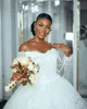 Luxury Ball Gown Wedding Dresses Long Sleeves V Neck Sequins Appliques Beaded 3D Lace Hollow Diamonds Ruffles Bridal Gowns Plus Size Custom Made Vestido de novia