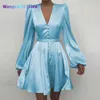 Casual Dresses Sexy Women V-neck Silk Satin Dress Women Spring Long Sleeve A-Line Mini Dress Elegant Solid Long Sleeve Party Dress Female 021723H 022023H