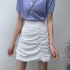 Röcke Frauen Sommer Plissiert Hohe Taille Kurzen Einfarbig Dünne Hong Kong Falten Geschmack Vintage Tasche Hüfte Weiblichen Rock