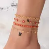 Anklets Elegant Red Beads Star Tassel 4pcs/set Anklet For Women Ethnic Drop Oil Geometry Alloy Chain Jewelry Accessories 22921