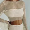 Two Piece Dress Sexy Babes Fashion Long Sleeve Mesh Top Sequin See Through TShirt Hip Skirt Suit Party Ladies Luxury Club 230216