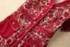 Spring Red Floral spetsklänning Kort ärm V-hals dubbla fickor Enbrödade avslappnade klänningar S3F131622 plus storlek XXL