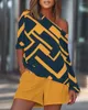 Survêtements pour femmes Summer Casual Skew Neck Half Sleeve Top Pocket Détail Shorts Set Femme Géométrique Surdimensionné Deux Pièces Tenues Lady