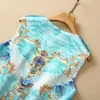 2023 Blue Paisley Print Beaded Rhinestone Dress Sleeveless Round Neck Sequins Short Dresses S3F161938