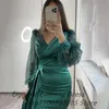 Party Dresses Dark Green Mermaid Satin Evening Dresses Long Sleeves V Neck Sparkly Sequins Custom Made Plus Size Prom Party Gown vestidos 230217