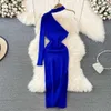 Casual Dresses Chic Sexy Elegant One Shoulder Slit Pencil Dress Fashion Slim Knit Long Sleeve birthday Party Vestidos Autumn Winter Women Robe Z0216