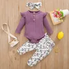 Ensembles de vêtements 3pcs bébé fille tenue ensemble né enfant en bas âge filles vêtements à volants fleur imprimer à manches longues barboteuse body pantalonbandeau infantile 230217