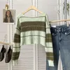 Women's T Shirts Pearl Diary Winter Vintage Green Randig Sticked tröja Kvinnor Harajuku Korean Fashion Overized Pullover Female Stylish