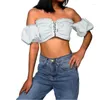 Kvinnors tankar Kvinnor Mode Off Axel Puff Sleeve Crop Top Lace-up Solid Color Tops för damer Sexig sommar kort tank Camisole