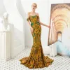 Wunderschöne Designer-Meerjungfrau-Abendkleider Gold Schwarz Spitze Abendkleid Elegant Schulterfrei Rückenfrei Maßgeschneiderte Vestidos de BM3302