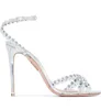 2023 Uso diario Tequila Sandalias de cuero Zapatos para mujer Diseño de tiras blancas Adornos de cristal Tacones altos Fiesta sexy Zapato de boda AQ115