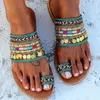 Slippers Women Bohemian Sandals Multicolored Knitted Upper Flat Heel Tassel Anti Slip Flip Flops With Clip Toe Ring For Beach