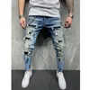 Mäns jeans mager jeans män målade stretch smal fit rippade nödställda veckade knä lapp denim byxor varumärke casual byxor 230217