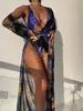 2023 New Swimsuit Women's Sexy One Piece Printing Deep V Neck Lace Up Blouse Bikini Sets For Fashion