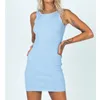 Casual Dresses Sexy Ladies Summer Party Club Dress Solid ärmlös Knutad öppen rygg Kort Vestidos kvinnor mode Ribbed Stretch Mini