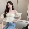 Women's Blouses Women Square Collar Lace Puff Sleeves Crop Top Korea Style Sweet Off Shoulder Blouse Summer Casual Wild Tops