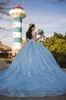 2023 Sparkly Ball Gown Light Blue Quinceanera Dress Elegant Luxury Prom Dresses 3D Floral Appliques Party Dress Lace Birthday Graduation Gowns