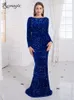 Party Dresses Women Modest Stretch Sequin Royal Blue Evening Prom Gown Party Long Sleeve Mermaid Formal Dinner Winter Dress Elegant 230217