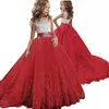 Flickaklänningar Red Girl Lace broderi jul födelsedagsfest klänning blommor bröllop klänning formella barn för tonårskläder 6 14 år 230217