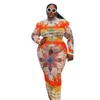 Plus Size Dresses 5xl Fashion 2023 Fall Printed Bodycon For Women Long Sleeve Elegant Midi Dress Drop Wholesale