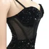 Femmes robes de soirée Sexy Spaghetti Strap col en V maille voir à travers robe de soirée moulante à paillettes avec fente