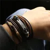 Charm Bracelets Woven Feather Cross Star Words Leather Men Women Wood Beads Bangles Gift Homme Jewelry 3Pcs/Set