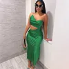 Casual Dresses Birthday Hollow Out BodyCon Stain Green Long Dress Women Elegant Party Club Evening 2023 Summer Clothes Streetwear