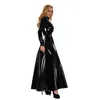 Freizeitkleider Hoher Kragen Faux Latex Maxikleid Frauen Langarm Glänzendes Lacklederkleid Wet Look Bodenlanges Kleid Party Clubwear Custom Z0216