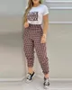 Women's Two Piece Pants Summer Women's Classic Houndstooth Letter Print Suit Set 2023 Femme Casual Short Sleeve Top & High Waist