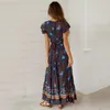 Party Dresses Women Bohemian Long Dress Sexy V-neck Wrap High Split Tunic Short Sleeve Floral Print Summer Lady Beach