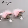 Sandaler Transparenta Women Shoes on Heel Summer Luxury Feather Crystal Sandal Sexig Suqare Toe Anti-Slip Party Slide 34-46