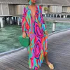 Casual jurken 2023 vrouwen boho print losse strandjurk elegante diepe v-neck maxi jurk dames sexy lange mouw oversized jurken gewaad longue l230217