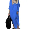 Casual Dresses Women Cotton V-Neck Solid Color Loose Tickets Maxi Shirt Plus Size Dress Long Sleeve Fashion Vestidos Mujer