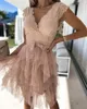 Casual Dresses Women Lace Patch Sheer Mesh Sleeveless Party Dress 2023 Summer Fashion Sexy Femme V-Neck Midi Bowknot A Line