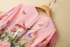 Pink Rabbit Floral Print Paneled Chiffon Dress Lång ärm Runda hals Midi Casual Dresses S3F161938