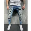 Jeans masculinos jeans skinny homens pintados trechos magros raspados rasgados angustiados joelheiros calças de jeans da marca casual 230217