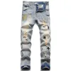 23SS Mens Jeans مصممي السروال المزيفون راكب الدراجة النارية Slim Straight Denim للرجال طباعة الجيش المرأة الأزياء Mans Skinny Pants الحجم الآسيوي 29-38