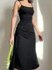 Casual Kleider Mode Riemchen Geraffte Sexy Schwarz Kleid Unregelmäßige Elegante Backless Lange Party Sommer Frauen 2023 Kleidung