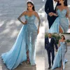 Split Evening Dresses Long Sleeve Plunging Neckline Beaded Sequins Mermaid Formal Evening Gowns Detachable Train Crystal Prom Dresses