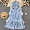 Etniska klädtemperament Entry Lux Vintage Court Style Elegant Young Long Dress Women Lace Stitching Puff Sleeve Chic