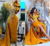 Gorgeous Crystals Beading Mermaid Evening Dresses For Women Gold Satin Arabic Aso Ebi Ruffles Flare Sleeves Pleated Party Prom Gowns Peplum Split Vestidos CL1855