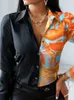 Kvinnor BLOUSES-skjortor Vintage Leopard Patchwork Summer V Neck Long Sleeve Ol Sze-St21142 230217