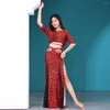 Scene Wear Leopard tryckt Belly Dance Training Clothing Stretch Class Bellydance Costume 2st Crop Top Long Kjol Sexig Mesh Outfit