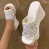 SURET Buty Summer Damskie Kapcie 2023 Glitter Wedge Women Beach Sandals wakacyjne nadmorskie slajdy podróżne platforma