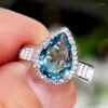 Anneaux de mariage à la mode femme cristal goutte d'eau anneau de luxe couleur argent pour les femmes délicate Aqua bleu Zircon pierre fiançailles