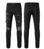 Mäns jeans 2023 Nya nödställda denim White Designer Läderbyxor Hål Tordrat Tattered Knee Ripped Leg 28-40 Långt