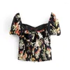 Blouses Femmes Evfer Femmes Vintage Col Carré Fleur Imprimer Noir Sprint Blouse Chic Dame À Manches Courtes Élégant Dos Zipper Élastique Tops