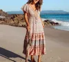 Casual Dresses Green/Red Bohemian Beach Long Women Button V-Neck flared ärmar Autumn Boho Hippie Chic Maxi Vestidos 230217