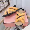 Sandalen verkopen multolor harig merk muilezels vrouwen casual bont splitsen schoenen open teen dikke sole runway vakantie mujer