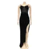 Women Party Dresses Sexy Spaghetti Strap V Neck Mesh See Through Bodycon Sequin Gown Evening Dress with Slit